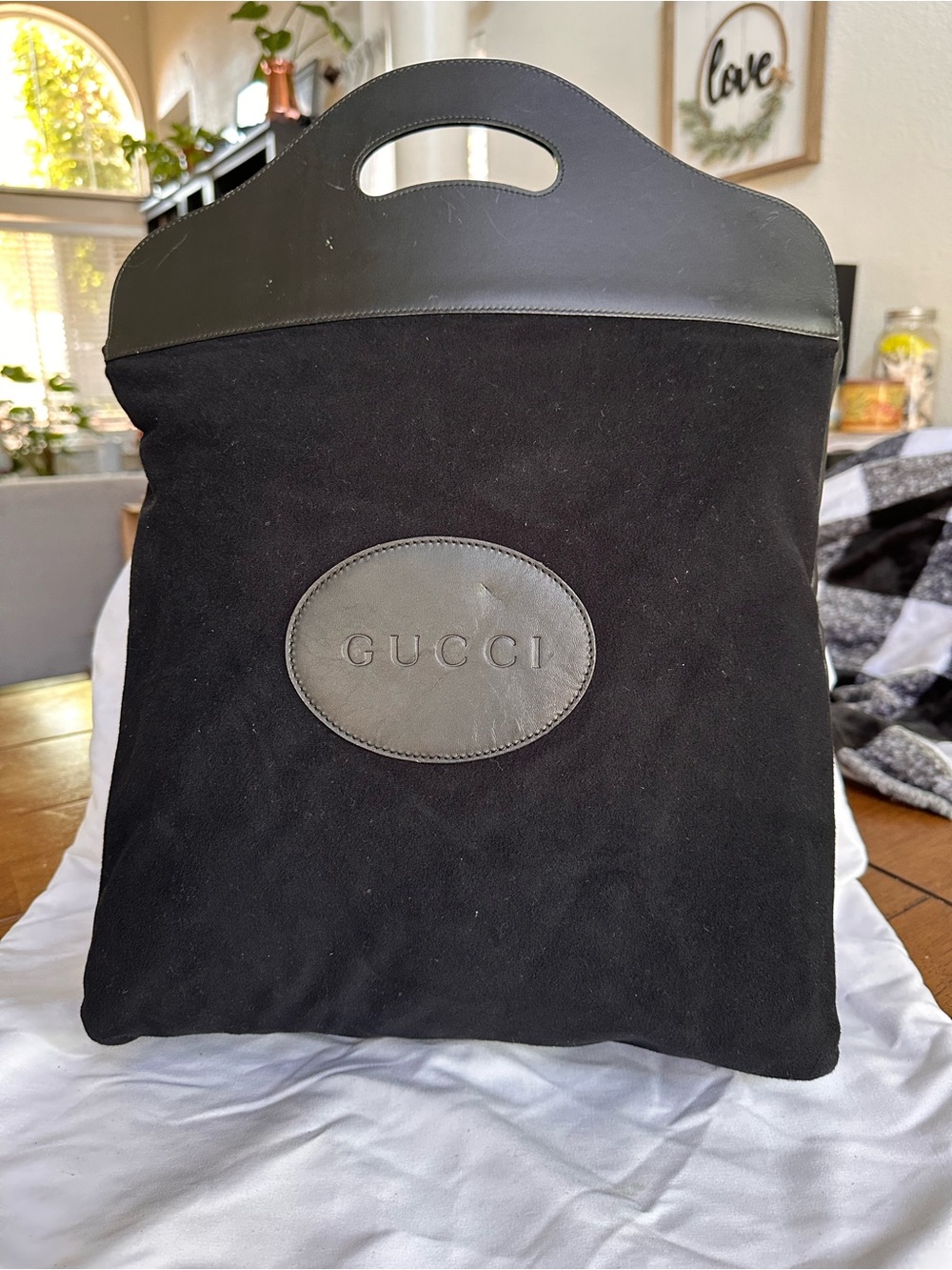 Gucci Black Suede Duffel Tote with Leather Trim